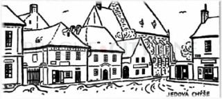 Jedová chýše, budova vlevo od kostela. Kresba od J. Lady